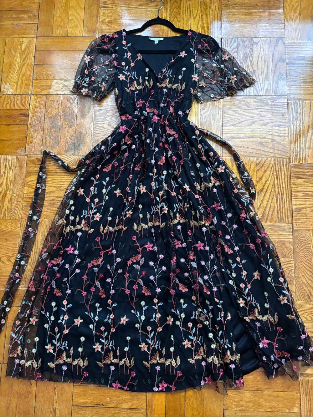 BALTIC BORN Chloe Floral Butterfly Embroidered Maxi Dress Black XS